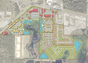 Lake County Master Planned Community development plan drawing with single family homes, townhomes and multifamily components surrounded by retail and commercial use at the intersections of us hwy 27 and sr 19