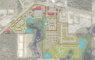 Lake County Master Planned Community development plan drawing with single family homes, townhomes and multifamily components surrounded by retail and commercial use at the intersections of us hwy 27 and sr 19