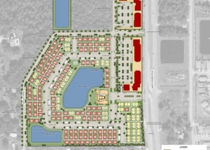 Narcoossee Corridor BTR & Commercial Development Plan showing commercial, 1 bedroom and 2 bedroom townhomes surrounding a pond along Narcossee Road