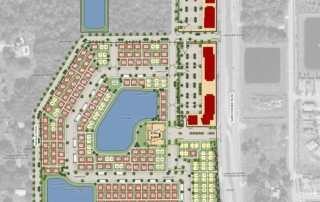 Narcoossee Corridor BTR & Commercial Development Plan showing commercial, 1 bedroom and 2 bedroom townhomes surrounding a pond along Narcossee Road